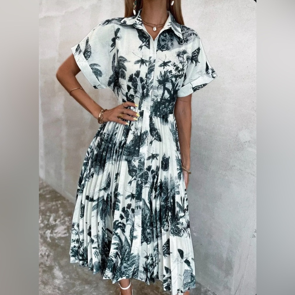 Button-Front Floral Pleated Maxi Dress - Black/White - Picture 2 of 4